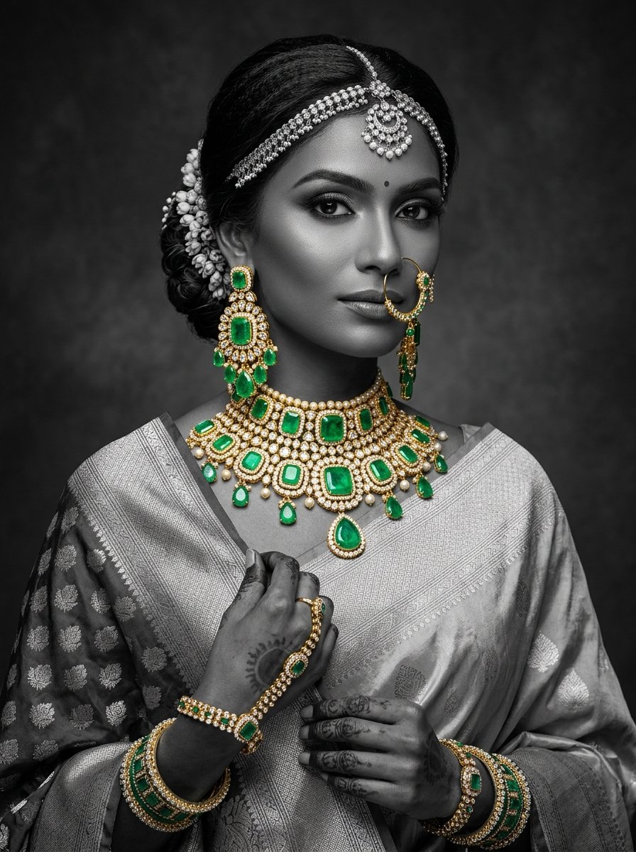 Indian bride wearing Colombian green emerald and diamond choker set