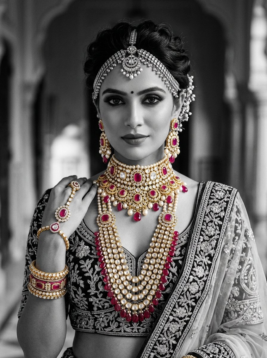 Indian royal muse wearing Burmese ruby and uncut diamond Polki choker set